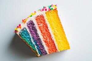 The slice of cake displays vivid layers of purple, red, orange, yellow, and blue, topped with colorful sprinkles, resting against a clean white background, inviting a sweet moment of indulgence. photo