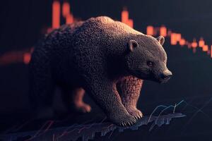 A bear figurine stands prominently against a dark background filled with red and green market trend lines. This minimalist representation conveys the essence of a bearish market indicator effectively. photo