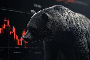 A powerful representation of a bearish market, showcasing a bear set against declining stock charts in a clean, minimalist design that highlights the current financial climate. photo