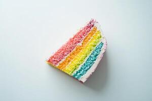 A vibrant slice of rainbow cake features multiple colorful layers arranged in a striking pattern. The slice sits perfectly isolated on a clean surface, highlighting its playful design. photo
