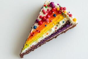A delightful slice of rainbow cake showcases vivid layers of color, adorned with a generous topping of colorful sprinkles, inviting all to enjoy a sweet treat. photo