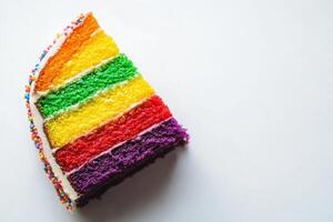 A vibrant slice of rainbow cake sits alone on a white surface, showcasing layers of bright colors including yellow, green, and purple. Sprinkles adorn the cakes edge, adding flair. photo