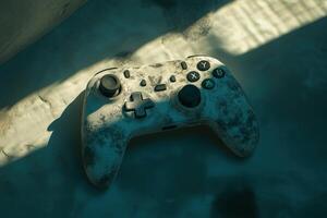A worn-out vintage game controller is placed on a textured surface. The soft, ambient light highlights its details, evoking nostalgia and memories of gaming experiences. photo