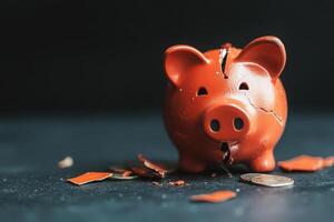 The cracked red piggy bank sits on a clean black background, surrounded by scattered coins and fragments. It symbolizes wasted savings and financial setbacks. photo