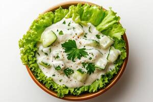 This dish features Caesar dressing mixed with diced cucumbers, garnished with parsley, resting atop crisp lettuce in a bowl. The setting highlights the fresh ingredients and creamy texture. photo