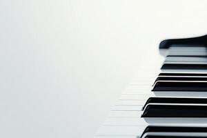 A series of black and white piano keys are neatly arranged side by side against a clean, solid background. Soft natural light highlights their glossy surface, creating a serene atmosphere. photo
