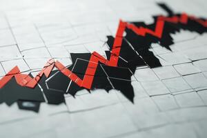 The artwork features a broken stock chart that visually represents a downward trend in financial markets. The sharp contrast between red and black elements emphasizes the decline. photo