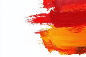 Vibrant strokes of red, orange, and yellow paint intersect with a clean white canvas, forming a captivating abstract composition that evokes energy and warmth. photo