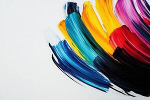 A dynamic arrangement of colorful brush strokes cascades across a solid white canvas, showcasing the artists creative expression and mastery of color blending in this vibrant composition. photo
