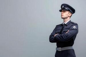 A border control officer is posed with arms crossed, displaying a sense of authority and professionalism. The backdrop is solid and clean, highlighting the officers uniform and demeanor. photo
