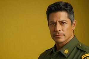 A border control officer stands confidently, wearing a crisp uniform and a badge. The background is a clean, solid color, highlighting the officers serious demeanor and commitment to duty. photo