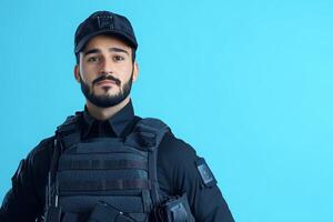 A border control officer stands confidently in a tactical uniform, equipped for his duties. The bright blue background emphasizes his serious expression and readiness for action. photo