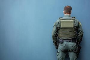 A border control officer is positioned with their back to viewers, wearing a tactical uniform. The clean blue background emphasizes their role and readiness during a duty shift. photo