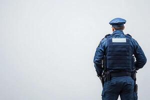 A border control officer wearing a tactical uniform stands with his back to the viewer, monitoring the area. The officer remains attentive while positioned against a clean, solid backdrop. photo