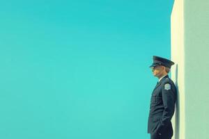 A border control officer stands upright against a solid background, observing the surroundings. The officer is dressed in uniform, displaying a vigilant demeanor under bright sunlight. photo