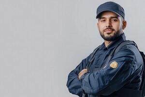 A border control officer stands with arms crossed, displaying a composed demeanor in uniform. The setting is clean and minimal, emphasizing professionalism and authority in border security. photo