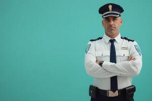 A border control officer stands with arms crossed in a professional uniform. The officer showcases a determined expression, set against a clean turquoise backdrop. photo