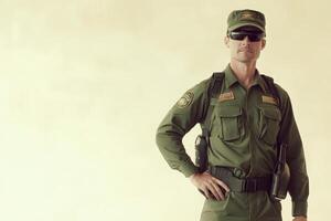 A border control officer poses in full uniform, showcasing a disciplined appearance with sunglasses. The clear background emphasizes the officers readiness for duty in a secure environment. photo
