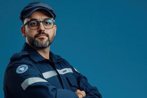 A border control officer stands with arms crossed, showcasing professionalism and authority. His clean uniform and glasses emphasize a serious commitment to security. The solid backdrop adds focus. photo