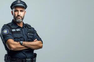 A border control officer poses with arms crossed, showcasing a professional demeanor. He wears a navy uniform and a cap, emphasizing his role and duty in maintaining security. photo