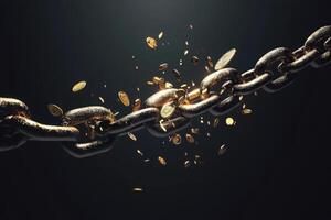 A broken chain is depicted dramatically, with coins bursting out from the fractured links, highlighting a moment of financial crisis and disruption amidst a dark backdrop. photo