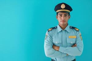 A border control officer stands with arms crossed, wearing a uniform and cap. The clean teal backdrop highlights the officers focus and readiness for duty during work hours. photo