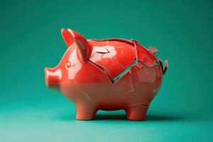 The broken piggy bank sits on a smooth, solid backdrop, showcasing its cracks and the lost potential for saving money. photo