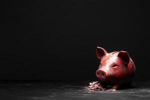 A broken piggy bank sits on a clean black surface, with coins scattered around it, symbolizing lost savings. The stark contrast highlights the unexpected end of financial dreams and plans. photo