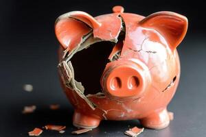 The broken piggy bank lies on a solid black surface, revealing its hollow interior. Shattered pieces surround it, hinting at a loss of savings and missed opportunities. photo
