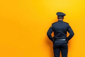 A border control officer in uniform stands with hands on hips, facing a solid yellow wall. Their posture indicates vigilance as they oversee border activities during their shift. photo