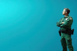 A border control officer in uniform stands with arms crossed, looking thoughtfully off to the side against a clean, solid-colored background, embodying authority and readiness in his role. photo