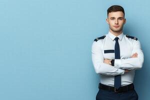 A border control officer in a crisp uniform stands with arms crossed, exuding professionalism. The clean solid blue background highlights his role and responsibility in maintaining security. photo