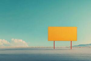 The bright yellow border crossing sign is prominently displayed on a perfectly clean surface, creating a striking contrast against the clear blue sky and distant mountains. photo