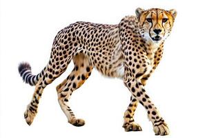 The cheetah stands confidently, its sleek body and distinctive spots highlighted. This solitary feline embodies agility and beauty, a true representation of wildlife in motion. photo