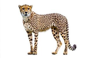 A cheetah stands isolated in the center, showcasing its sleek body and unique spotted coat. The animal appears alert and majestic, emphasizing its agility and grace in a tranquil setting. photo