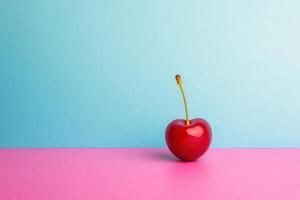 A single shiny cherry, with its stem upright, sits on a pink surface contrasting beautifully against a serene blue background, showcasing a minimalist aesthetic ideal for modern decor. photo