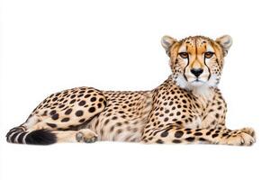 The cheetah is lying down in a relaxed position, its body elegantly displayed on a plain white background, revealing the unique pattern of its fur and its keen expression. photo