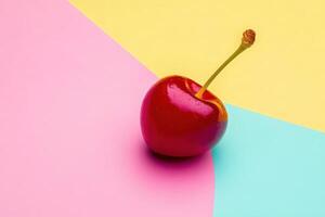 A vibrant cherry stands alone against a clean, pastel backdrop featuring pink, blue, and yellow triangular sections, showcasing a modern and minimalist aesthetic. photo