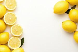 A collection of whole and sliced lemons is beautifully arranged on a clean solid white background. The bright yellow color adds a cheerful touch, ideal for culinary inspiration or decoration. photo