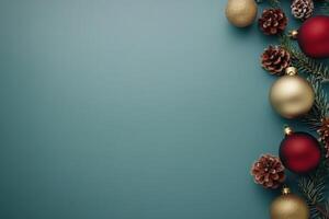 Festive Christmas tree ornaments in various colors, along with pinecones and greenery, are artfully arranged on a clean solid backdrop, creating a cheerful holiday atmosphere. photo
