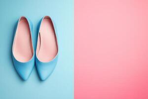 These chic ballet flats showcase a vibrant blue hue, resting on a clean pastel background. Ideal for adding a touch of style to any outfit and perfect for casual or semi-formal occasions. photo