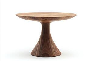 A sleek wooden side table stands gracefully in the center, showcasing its elegant design and smooth finish. The minimalist environment enhances its unique silhouette and aesthetic appeal. photo