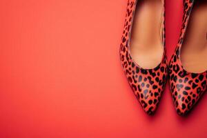 These chic leopard pattern shoes are positioned on a bright, clean solid background, highlighting their stylish design and attention to detail, perfect for a fashion-forward statement. photo