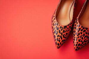 Stylish leopard pattern shoes sit elegantly on a bright solid background, perfect for elevating any outfit. Their unique design makes them an eye-catching choice for fashion-forward individuals. photo