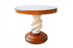 A chic side table featuring a twisted pedestal and a sleek round top stands alone in a contemporary space, highlighting its stylish design and modern aesthetics. photo