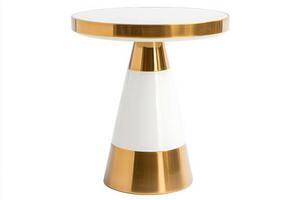 A stylish side table stands prominently in the center, featuring a white top with a gold trim and a sleek conical base. The design embodies contemporary elegance, perfect for any living space. photo