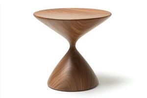 A chic wooden side table with a distinctive hourglass shape is displayed in the center of a minimalistic setting. It showcases a smooth finish and blends well with contemporary decor styles. photo