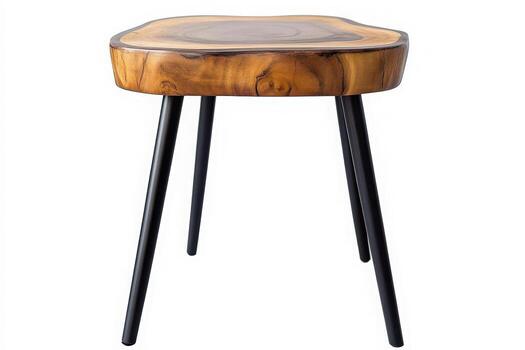 un elegante lado mesa caracteristicas un natural madera parte superior soportado por esbelto negro piernas, creando un moderno aún rústico mirar. el pedazo soportes fuera en un brillante, despejado espacio, agregando elegancia. foto