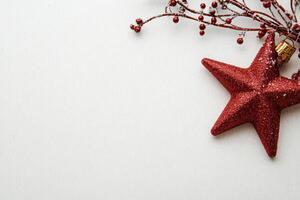 A striking red Christmas star ornament rests alongside decorative berry branches, enhancing the holiday spirit against a pristine background. Perfect for seasonal decor inspiration. photo