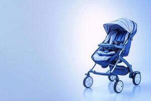 This compact baby buggy is set against a clean, solid background, offering a stylish, practical solution for parents on the go. Its lightweight design allows for easy maneuverability. photo